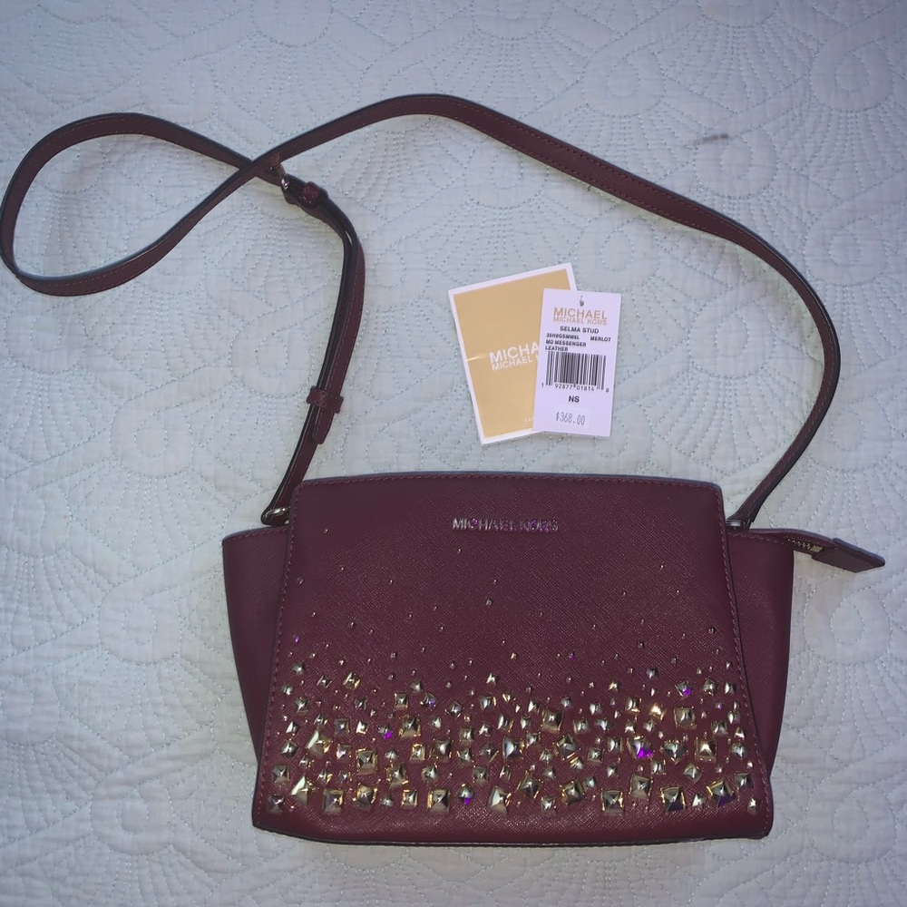 Michael Kors Selma Stud Maroon Crossbody Bag